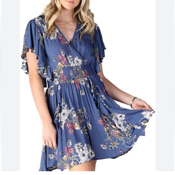 Angie Floral Blue Dress with Ruffle Sleeves | S - Picture 1 of 7